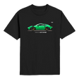 Black t-shirt with a green Porsche car graphic on a white background