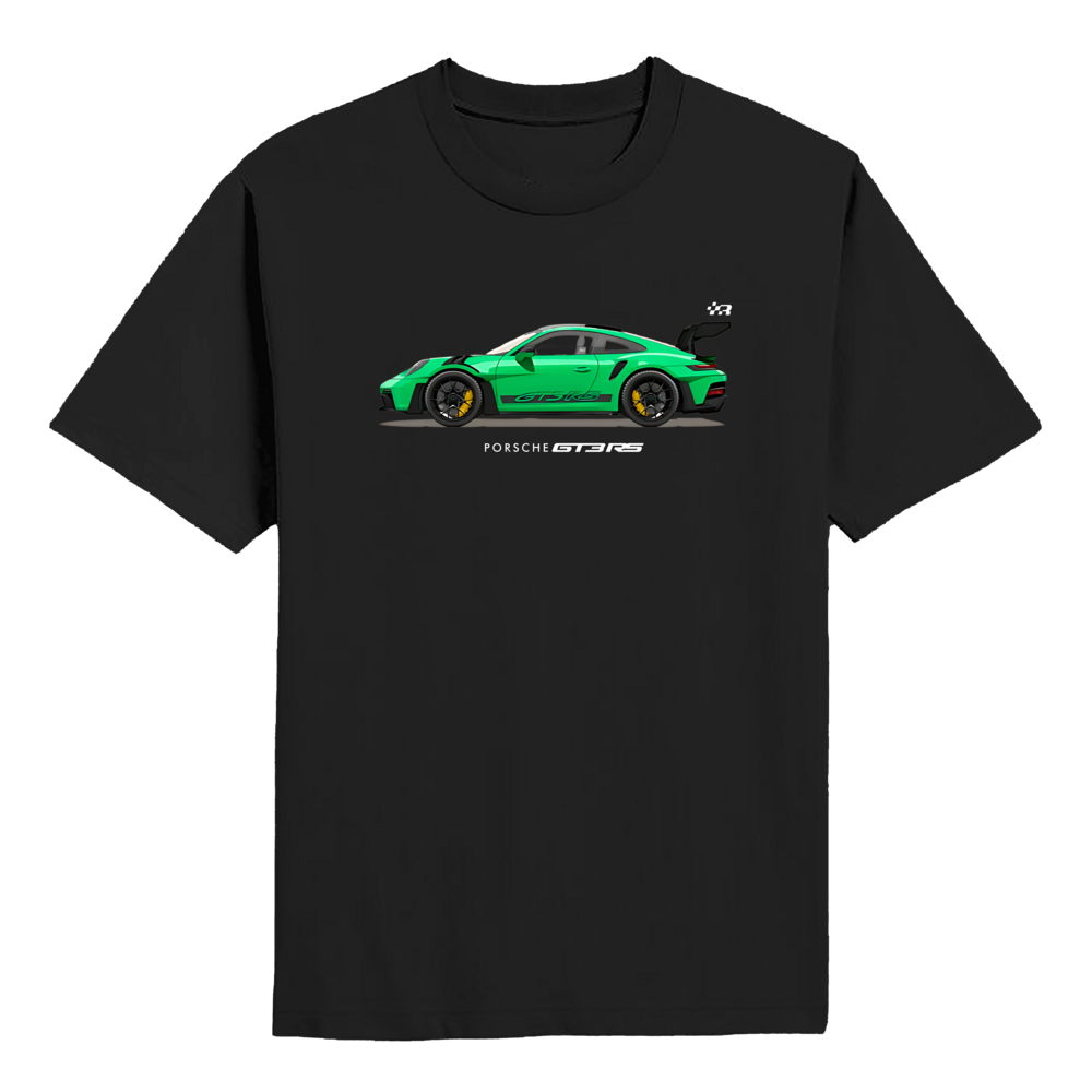 Black t-shirt with a green Porsche car graphic on a white background