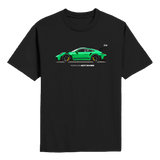 Black t-shirt with a green Porsche car graphic on a white background