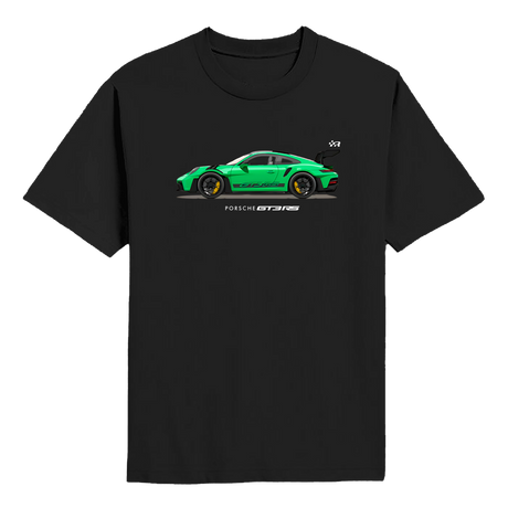 Black t-shirt with a green Porsche car graphic on a white background