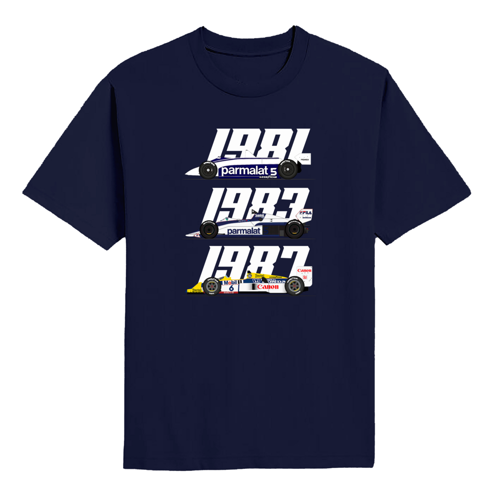 Nelson Piquet Three-Time World Champion F1 Cars T-shirt