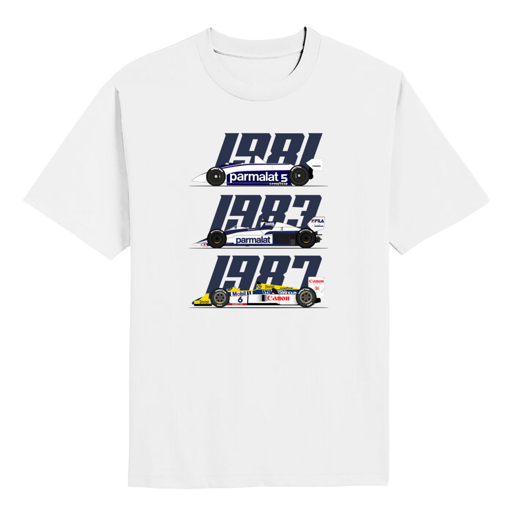 Nelson Piquet Three-Time World Champion F1 Cars T-shirt